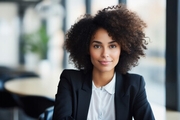 Portrait of beautiful young dealer with afro hairstyle in office