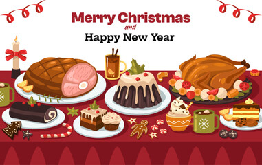 Christmas dishes on table. Cartoon winter holiday traditional meal with roasted turkey pork and vegetables, sweet holiday dessert. Vector illustration