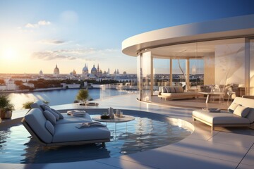 Luxury minimalist hotel penthouse suite with a private terrace, infinity pool, and panoramic city...