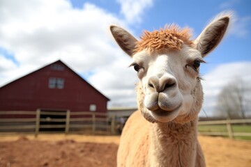 alpaca near a farm barn for therapy sessions