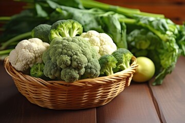 fresh broccoli and cauliflower florets in a basket - obrazy, fototapety, plakaty