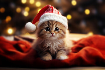 Adorable little kitten wearing a Santa Claus hat, resting on a red blanket, sparkly bokeh background