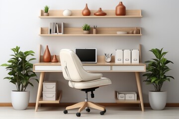  Minimal apartment with a minimalist workspace, sleek desk, and ergonomic chair for remote work, Generative AI
