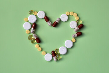 Heart health pills on a green background