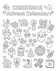 Xmas coloring advent calendar. Hand drawn vector poster with different Christmas symbols