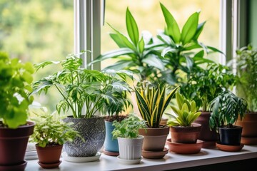 potted indoor plants of various sizes and types on a window sill