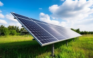 Placas solares en campo fotovoltaico en el sur de europa.  - obrazy, fototapety, plakaty