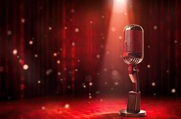 Retro microphone on stage with red curtain and reflector light