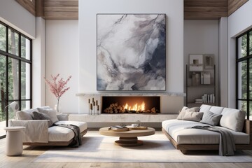 Modern minimal hotel lounge with plush seating, contemporary artwork, and a cozy fireplace, Generative AI