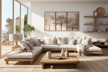 Fototapeta na wymiar Scandinavian-inspired minimal apartment with light wood accents, neutral colors, and cozy textiles, Generative AI