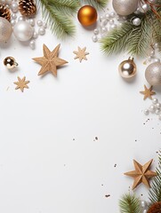 white background with Christmas decorations arranged along the border with room for text.