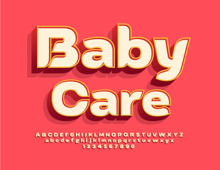 Vector stylish badge Baby Care. Cute Kids Font. Artistic 3D Alphabet Letters and Numbers