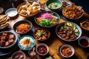 table filled with international street food dishes