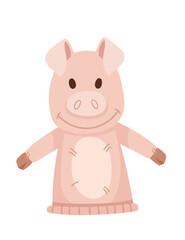 Pig animal doll puppet for children theater cute soft hand toy vector illustration isolated on white background