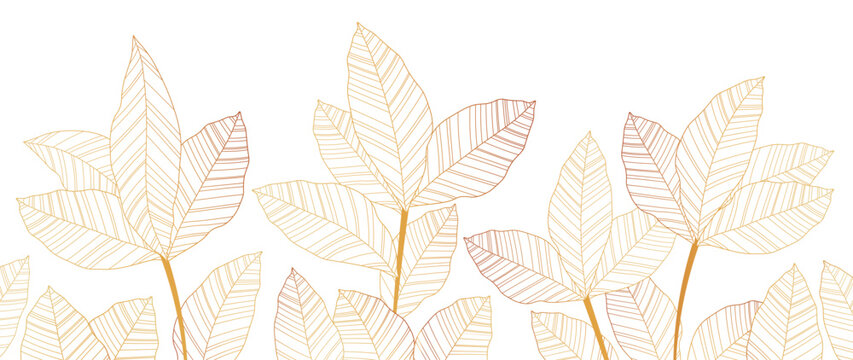 Luxury golden botanical background. Tropical leaves in golden lines on a white background, with line art design for wall art, greeting card, wallpaper and print. vector illustration.	