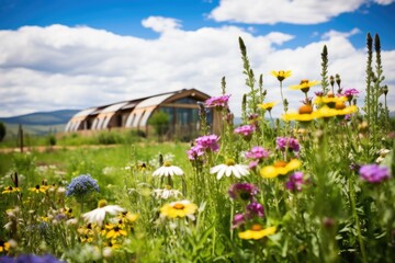 earthship house amidst a wildflower field