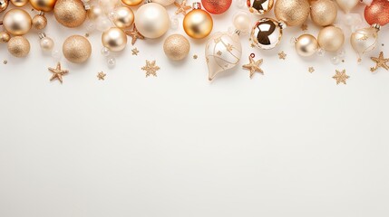 white background with Christmas decorations arranged along the border with room for text.