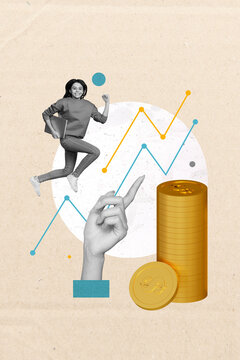 Vertical creative collage image of jumping excited happy young female teenager golden coins financier investing plan data trading