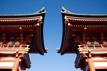 detail shot of a shinto shrines torii gates, with a clear sky - obrazy, fototapety, plakaty