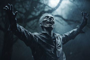 Fototapeta na wymiar A living dead man walks through a cemetery at night in the rain, creepy Halloween illustration. AI generated