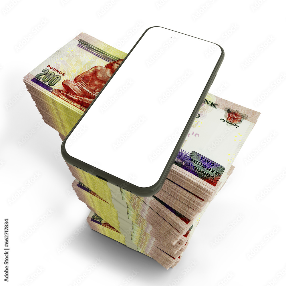 Poster 3d rendering of mobile phone with blank screen on top of stacks of 200 egyptian pound notes arranged