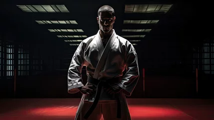 Zelfklevend Fotobehang Model in a martial arts stance, emphasizing power and precision, set in a dojo © Filip