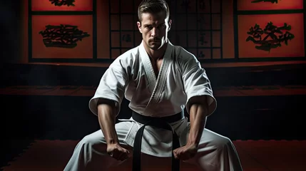 Foto op Aluminium Model in a martial arts stance, emphasizing power and precision, set in a dojo © Filip
