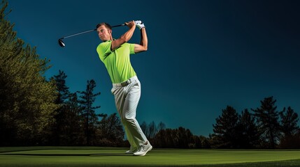 Model showcasing a golfer's swing stance, emphasizing form and technique, set on a golf course - obrazy, fototapety, plakaty