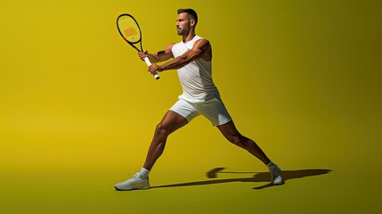 Model showcasing a tennis serve stance, emphasizing shoulder and arm muscles, set on a tennis court