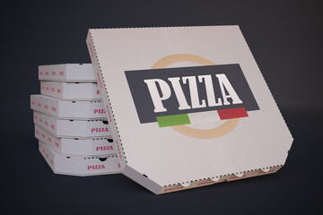 Many cardboard pizza boxes. 3D rendered illustration.
