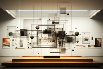 Abstract geometric art gallery with floating geometric artworks, interactive exhibits, and a sense of creativity and innovation, Generative AI