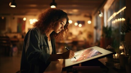 Graphic designer at work with tablet. Girl artist drawing. Beautiful freelance woman. AI Generated - obrazy, fototapety, plakaty