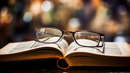 closeup view of book and glasses on blurred background generated by AI tool