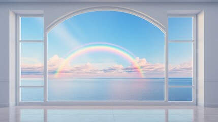 beautiful rainbow over blue sky view from window generated by AI tool