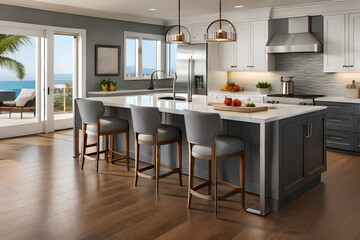 Luxurious home interior offering steel appliances and granite countertops for the kitchen cabinetry. Generative AI