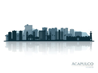 Naklejka premium Acapulco skyline silhouette with reflection. Landscape Acapulco, Mexico. Vector illustration.
