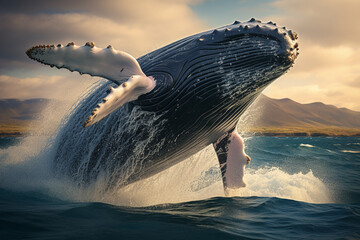 Fototapeta premium Majestic moment when a colossal blue whale breaches the ocean's surface, defying gravity in a breathtaking display of power and grace. Ai generated