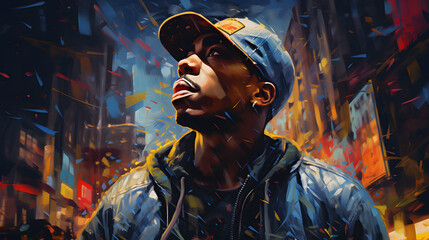 Fototapeta na wymiar young afro-descendant rappers oil painting, rap concept, urban music, reggaeton, street, gangs