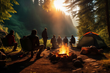 A group of people sitting in a campground around a campfire in the woods - obrazy, fototapety, plakaty