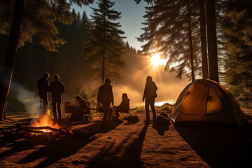 A group of people sitting in a campground around a campfire in the woods - obrazy, fototapety, plakaty