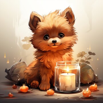  A little pomeranian tries to smell a candle. Generative AI.