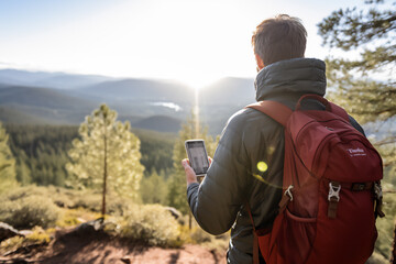 Tourist looking at a smartphone in an moutnain hike setting