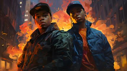 young afro-descendant rappers oil painting, rap concept, urban music, reggaeton, street, gangs