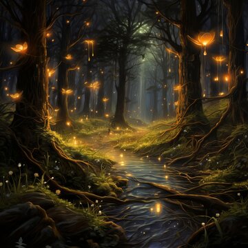 A lot of fireflies in the forest in a night. Generative AI.