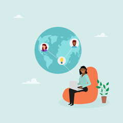 The team works remotely. A woman sits in a chair with a laptop and talks with colleagues from different places around the globe. Online video call, freelancers discussing a project. Vector illustratio