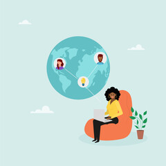 The team works remotely. A woman sits in a chair with a laptop and talks with colleagues from different places around the globe. Online video call, freelancers discussing a project. Vector illustratio