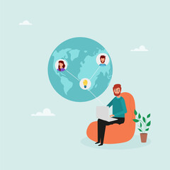 The team works remotely. A man sits in a chair with a laptop and talks with colleagues from different places around the world. Online video call, freelancers discussing a project. Vector illustration.