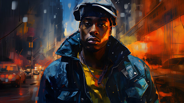 young afro-descendant rappers oil painting, rap concept, urban music, reggaeton, street, gangs