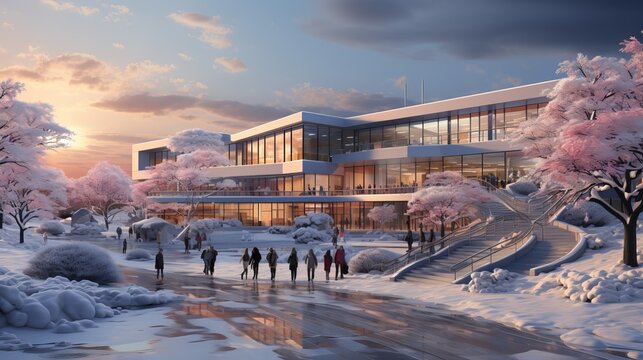 A modern school on a winter morning day. Generative AI.