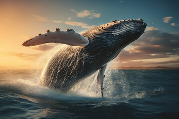 Fototapeta premium Majestic moment when a colossal blue whale breaches the ocean's surface, defying gravity in a breathtaking display of power and grace. Ai generated